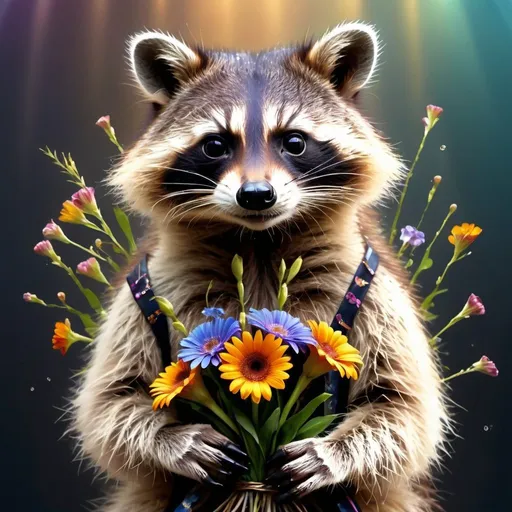 Prompt: beautiful raccoon with a bouquet of flowers, high detail, Broken Glass effect, no background, stunning, something that even doesn't exist, mythical being, energy, molecular, textures, iridescent and luminescent scales, breathtaking beauty, pure perfection, divine presence, unforgettable, impressive, breathtaking beauty, Volumetric light, auras, rays, vivid colors reflects