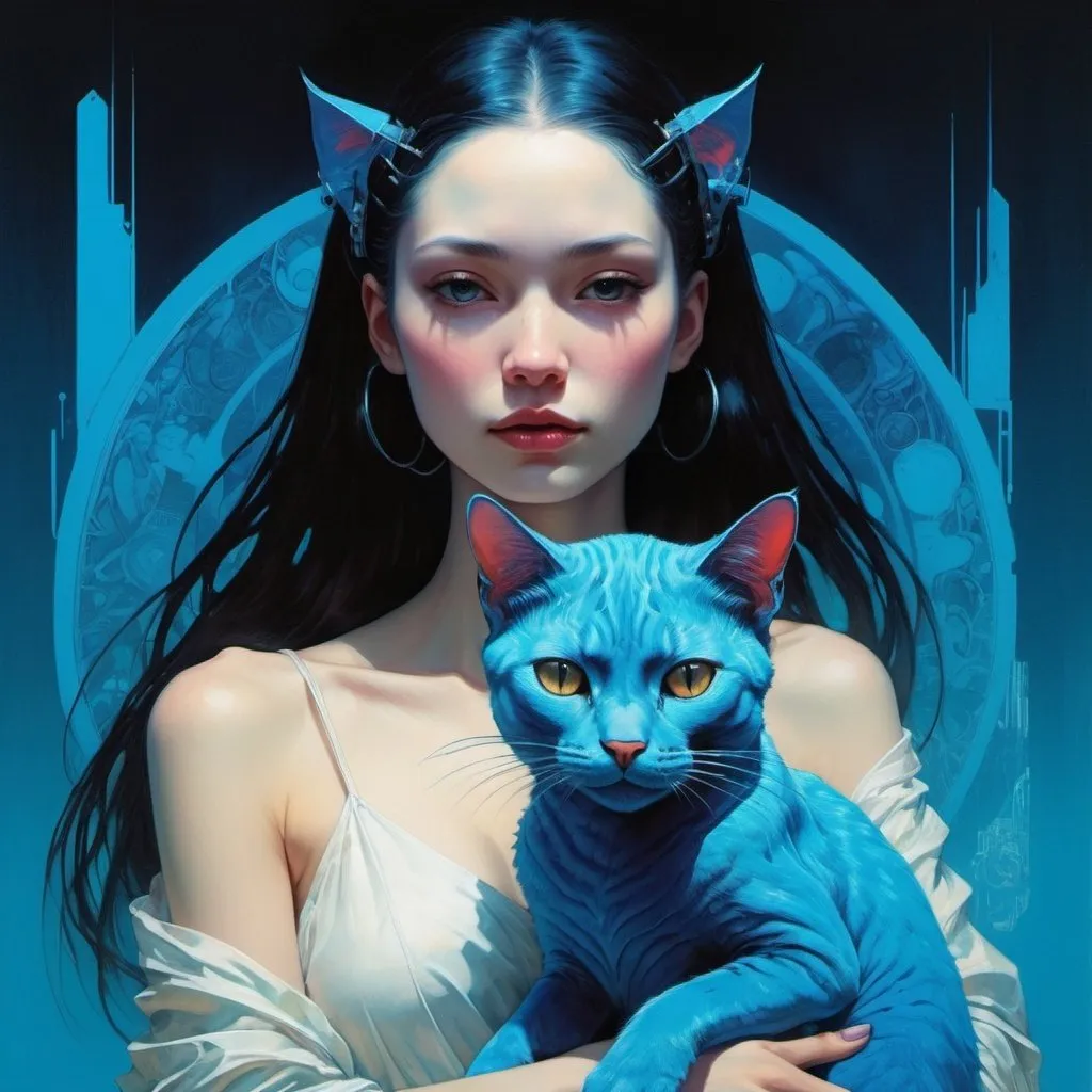 Prompt: woman holding a blue cat, retrofuturistic clothing, cyberpunk, bright neon colors, An incredibly ethereal world in style of Beksinski, harpers bazaar
atey ghailan, Art by Jock,  pino daeni , art by lois van baarle and loish and ross tran , Charles Vess, Chiho Aoshima , Kay Nielsen, 