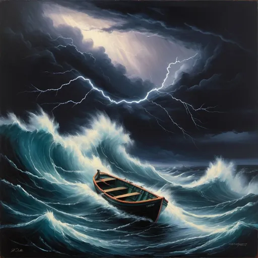 Prompt: Painting of storm on the ocean, huge waves, dark, intense, bold colors, small row boat in storm 2 men in the boat, lightning, boat capsizing