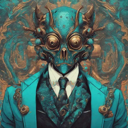 Prompt: a little monster in a suit, in the style of psychedelic artwork, imaginary creatures and robots, steelpunk, cyan and bronze, colorful fantasy realism, witchcore, baroque-punk