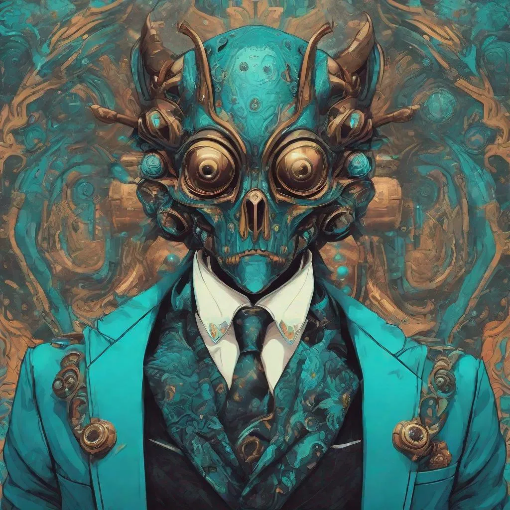 Prompt: a little monster in a suit, in the style of psychedelic artwork, imaginary creatures and robots, steelpunk, cyan and bronze, colorful fantasy realism, witchcore, baroque-punk