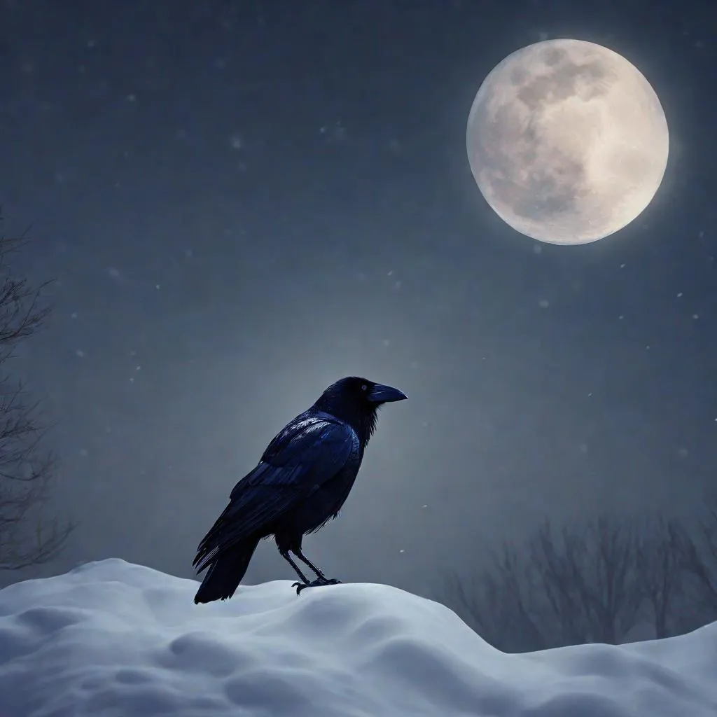 Prompt: crow, snow, moon, night, 4k