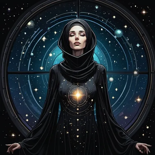 Prompt: A futuristic lanky elegant female seer Floating aimlessly in the dark depths of space. She is wearing an intricate organic baggy black dress with a black cowl. There are plentiful stars and galaxies in the blackened night. Color enhance, High contrast, vector style, enhance reflections. Stained glass effect