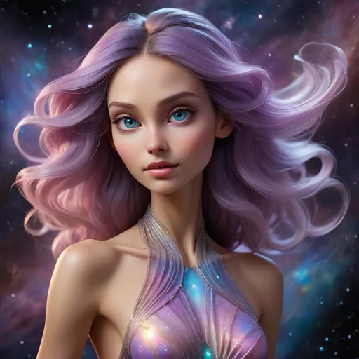 Prompt: A stunning extra terrestrial woman stands with graceful poise, exuding an otherworldly aura that immediately captures attention. Her skin has a luminescent lavender hue, soft and slightly iridescent, giving her an ethereal glow. Delicate bioluminescent patterns ripple across her cheeks and neck, accentuating her elegant features.

Her eyes are large and mesmerizing, shimmering with a multitude of colors like the shifting hues of a distant nebula. They hold a profound depth of wisdom and curiosity, hinting at her profound understanding of the cosmos. Long, slender eyelashes frame these captivating orbs, adding to the allure of her gaze.

Her beautifully proportioned face boasts high cheekbones that enhance her gentle smile, which carries an enigmatic charm that draws others closer to her. As she speaks, her voice resonates like a melodious symphony, entrancing all who listen.

Flowing down her back, her hair cascades like liquid stardust, with each strand seemingly holding a faint twinkle of distant stars. Its color shifts, reflecting the emotions she experiences, transforming from vibrant blues to deep purples, and even soft pinks.

With an elegant and statuesque form, she moves gracefully, seemingly defying gravity. Her flowing gown appears to be made from celestial silk, shimmering with iridescence that harmonizes with her surroundings.

Her limbs are long and slender, yet subtly strong, emphasizing her agility and poise. At the tips of her delicate fingers, a faint luminescence emits, casting a gentle glow on everything she touches.

This beautiful female alien embodies a cosmic mystery and allure, a being of grace and wonder from the depths of the universe. Her presence serves as a testament to the beauty and diversity that may exist among the stars, captivating the imagination of anyone fortunate enough to encounter her.
