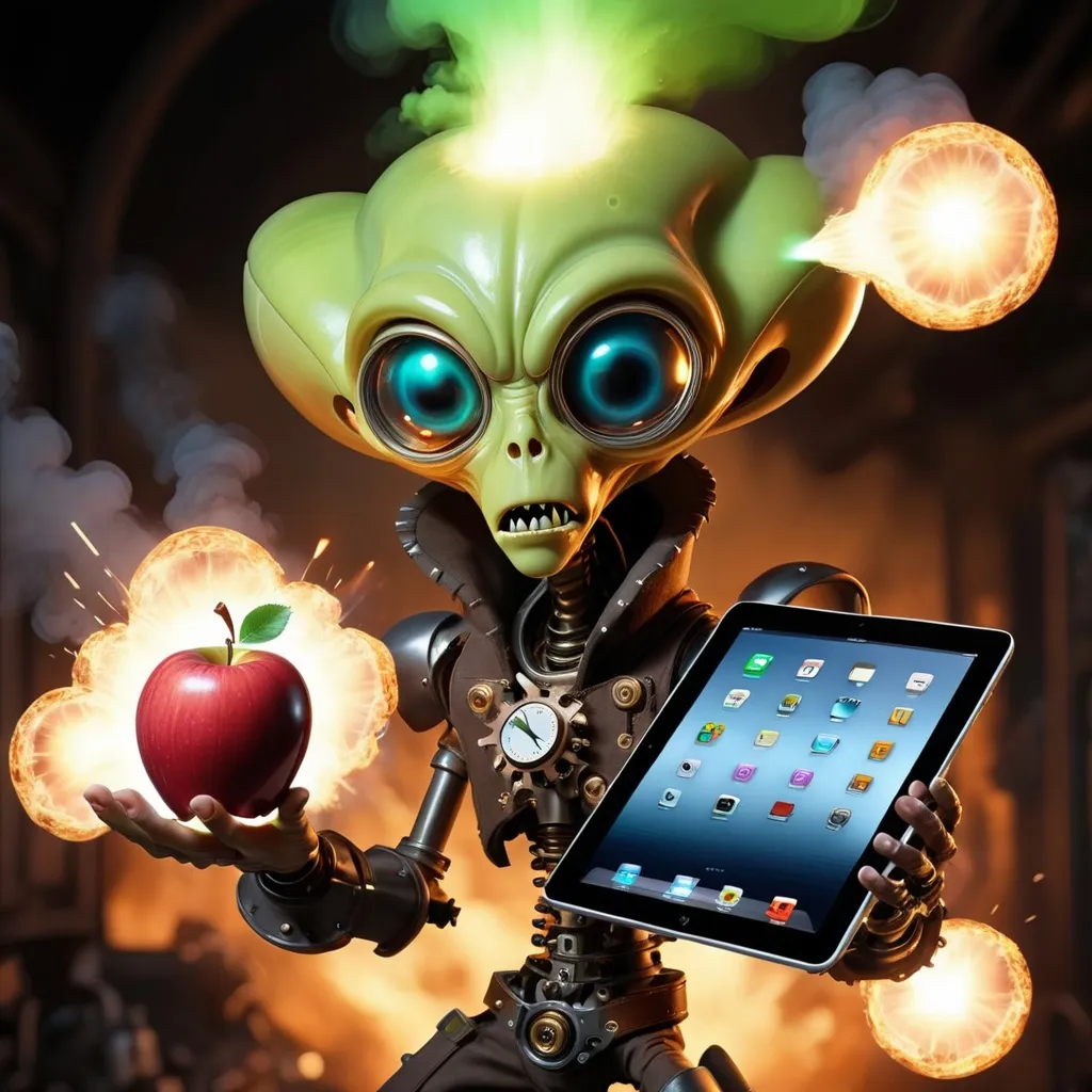 Prompt: Exploding alien steampunk style holding apple ipad in his hands