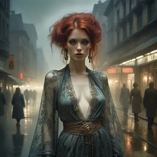 Prompt: a beautiful woman adorned with ethereal charm, red hair and enchanting large eyes, dressed in an intricate silk outfit combining the styles of Jeremy Mann, Alex Maleev and Miles Johnston. Jan Saudek's dark and mysterious artistry gives the film an otherworldly aura. The perfection of her eyes, with an undeniable expressiveness, is showcased against a backdrop of fog, mist and clouds that add an ethereal touch to the futuristic city during the golden hour.