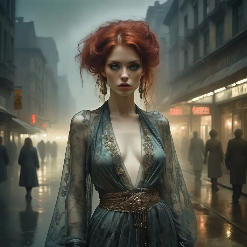 Prompt: a beautiful woman adorned with ethereal charm, red hair and enchanting large eyes, dressed in an intricate silk outfit combining the styles of Jeremy Mann, Alex Maleev and Miles Johnston. Jan Saudek's dark and mysterious artistry gives the film an otherworldly aura. The perfection of her eyes, with an undeniable expressiveness, is showcased against a backdrop of fog, mist and clouds that add an ethereal touch to the futuristic city during the golden hour.