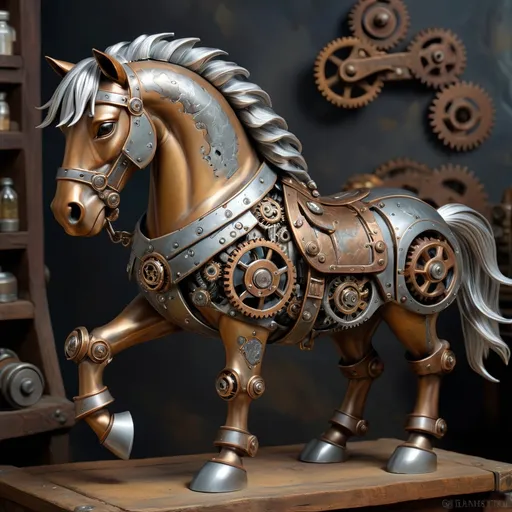 Prompt: Adamant Dwarven Horse, made out of bronze and silver, steampunk-like, gears and metal parts, masterpiece, best quality, in oil painting style