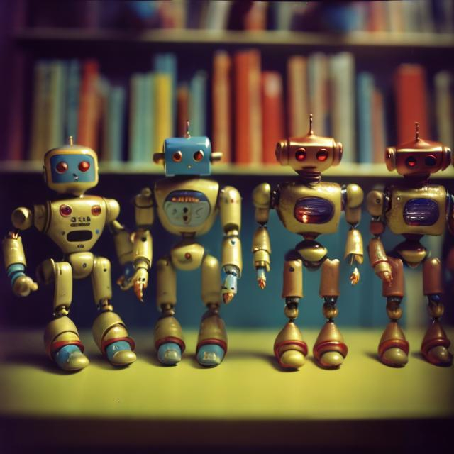 Prompt: Photograph of toy robots. 1950s style. having a party. On a shelf. Books in background. Night time. Depth of field 270mm.