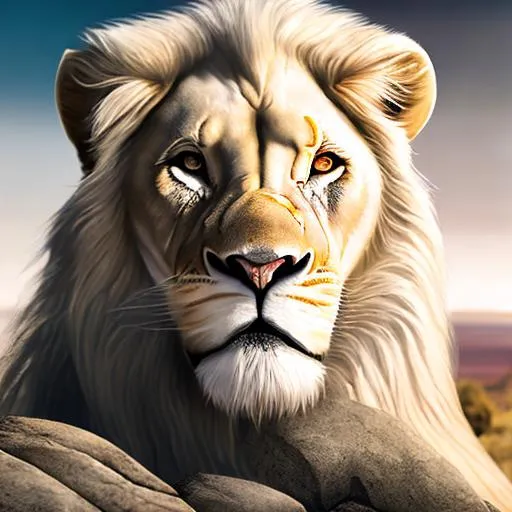 Prompt: Realistic illustration of a majestic white lion, detailed rock formation, African savanna backdrop, high quality, ultra-realistic, detailed fur, intense gaze, rocky terrain, wildlife, very high rock, safari, warm tones, professional, natural lighting, lion in distance, white lion