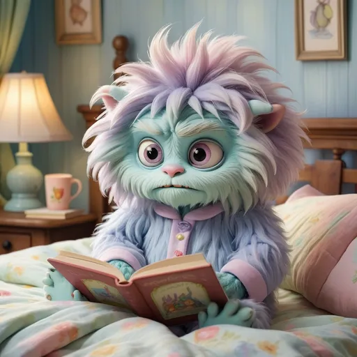 Prompt: an adorable fluffy monster in cute pajamas, engrossed in reading a fairytale book in bed. Set in soft pastel watercolor, the scene exudes a whimsical storybook charm reminiscent of Maurice Sendak's iconic artistry. 