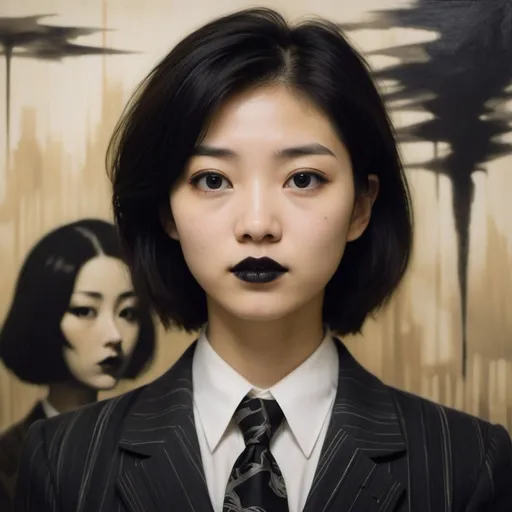 Prompt: yoshitaka amano blurred and dreamy realistic three quarter angle portrait of a young woman with black lipstick and black eyes wearing office suit with tie, david lynch abstract patterns in the background, satoshi kon anime, noisy film grain effect, highly detailed, renaissance oil painting, weird portrait angle, blurred lost edges