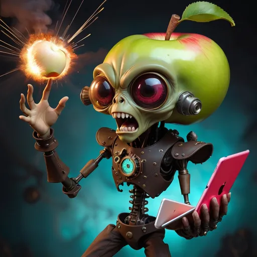 Prompt: Exploding alien steampunk style holding apple ipad in his hands