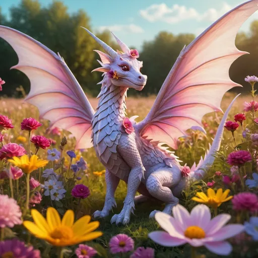 Prompt: Fairy dragon with oversized wings in a field of flowers, the most beautiful image in the world, vivid, beautiful, trending on Artstation, 8K artistic photography, photorealistic, dramatic volumetric cinematic perfect light, award-winning photograph, masterpiece, establishing shot,
