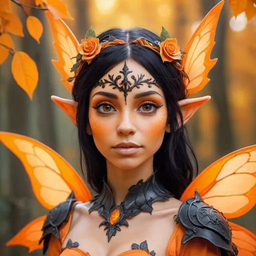 Prompt: orange humanoid female fairy with orange skin. Her skin glows orange. She has elf ears and black hair, wearing fantasy armor with vine details. autumn background