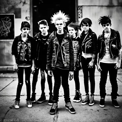 Prompt: A group of punk kids standing together, captured in a style resembling a raw, unedited photograph. The kids should have exaggerated, circle-shaped faces, reminiscent of characters from collectible card games or mobile games, giving a vibrant and playful vibe. The photographic style should convey realism, with natural lighting, shadows, and a depth of field like that of a camera lens. The background should include elements like urban graffiti, colorful plants, and whimsical, street-style art, all portrayed in a realistic photographic manner. The perspective should be from a low angle, looking upwards, to give a natural and spontaneous feel to the image, as if taken in a real urban setting.