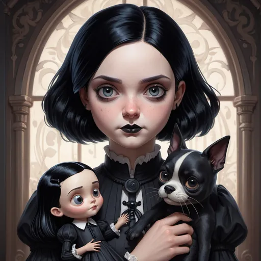 Prompt: beautiful cottagecore  Wednesday Addams holding a Coraline doll, Black Hair, Goth, gothic, castlevania, intricate, elegant, highly detailed, digital painting, artstation, concept art, smooth, sharp, focus, illustration, art by artgerm and greg rutkowski and alphonse mucha