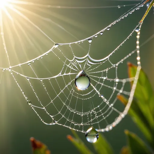 Prompt: A photorealistic macro image of a dewdrop on a spider's web, with the morning sun shining through.
