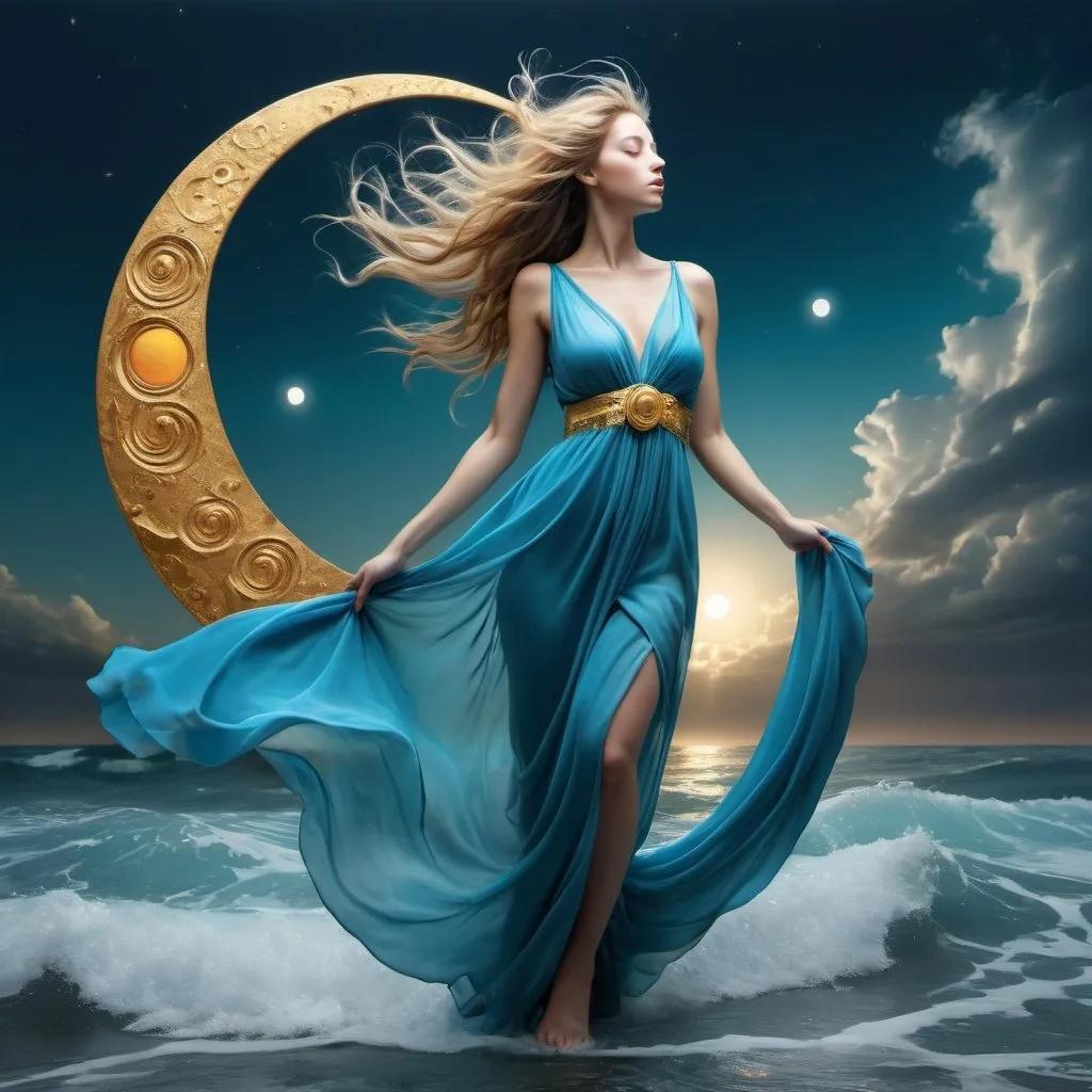 Prompt: contemporary,surrealism,(an imaginative and whimsical image),(combines elements of sun, moon and water),(imagination of a dynamic spiraling cosmos and the mysteries of the world),a beautiful photorealistic undine in a blue silk chiffon dress very long and multi-layered, in the middle, ethereal world where you can see the wonders of nature, illuminating lights, color scheme focused on blue, turquoise gold, 32K, 18K, digital graphics, HDR, UHDR