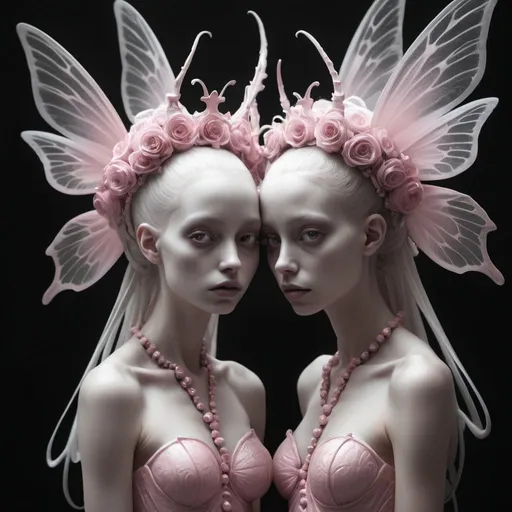 Prompt: Twin fairy like creature, white & pink, etheral, crowns, Tim burton style, black and white still, digital Art, perfect composition, beautiful detailed intricate insanely detailed octane render trending on artstation, 8 k artistic photography, photorealistic concept art, soft natural volumetric cinematic perfect light, chiaroscuro, award - winning photograph, masterpiece, oil on canvas, raphael, caravaggio, greg rutkowski, beeple, beksinski, giger