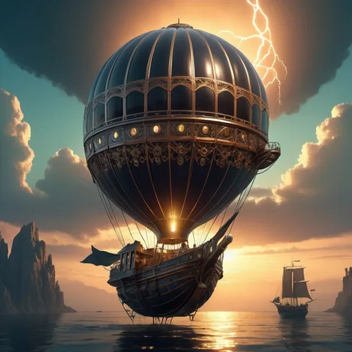 Prompt: Steampunk hot air balloon ship, internally illuminated, diamond-cut lead crystal glass, holographic colors, metal filigree, sea at night, forked lightning, sf genre, intricate masterpiece, art by Artgerm, H.R. Giger, and Beksinski influences, epic, trending on CGSociety and ArtStation, cinematic character render, ultra high quality model, vibrant, ominous atmosphere, matte painting movie poster style, golden ratio composition, highly detailed, unreal engine, greg rutkowski, loish, rhads, beeple, makoto shinkai and lois van baarle, ilya kuvshinov, rossdraws, tom bagshaw, alphonse mucha, global illumination, detailed and intricate environment