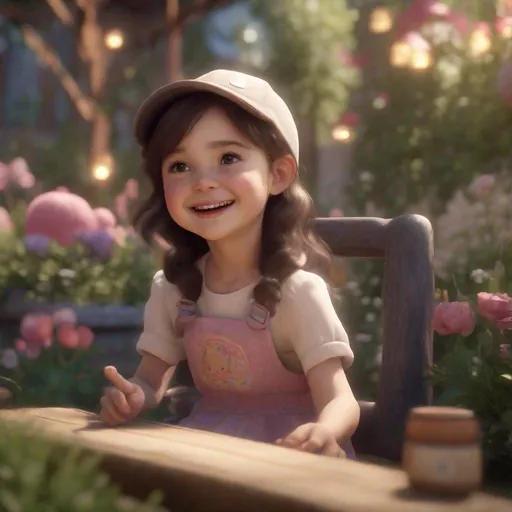 Prompt: Cute adorable tiny girl smiling greeting me, unreal engine, she is seated, outdoor garden lighting, art station, detailed digital painting, cinematic, character design by mark ryden and pixar, unreal 5, daz, hyper realistic.
