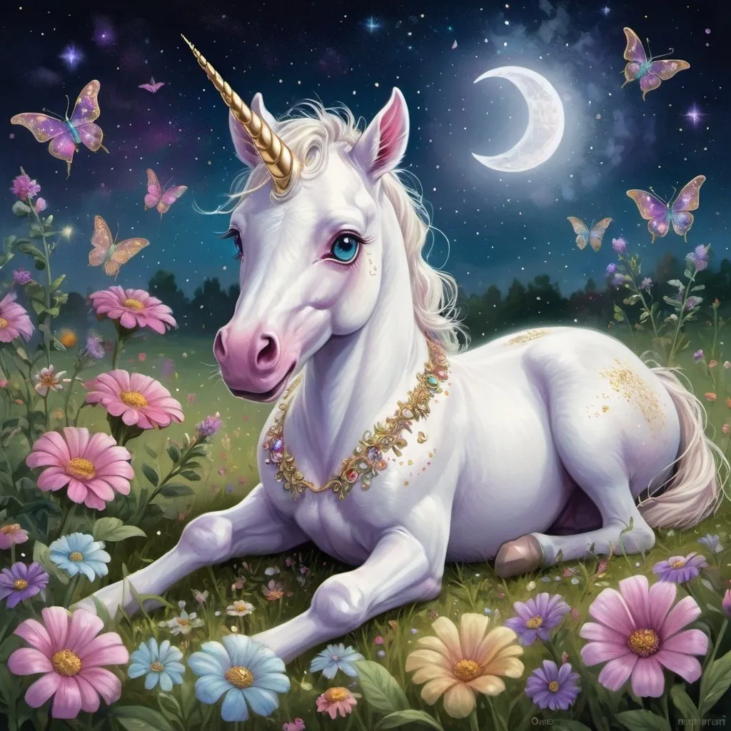 Prompt: A unicorn foal lies surrounded by lunar moths against a sparkling night sky, her big multicolored eyes bright with excitement as she plays in a meadow of flowers and gems and an aura of shimmering mist surrounds her.