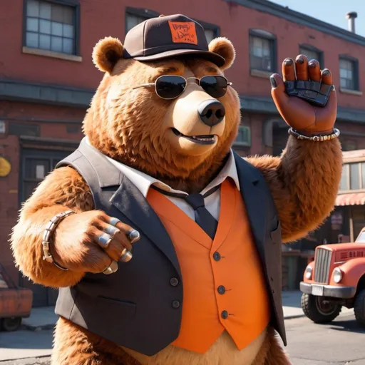 Prompt: A fat brown bear wearing an orange vest and sunglasses, dressed as the head of a gangster with a hat is holding his hand up to make it look like he's doing something. In front there’s a toy factory setting drawn in the style of Pixar Animation.