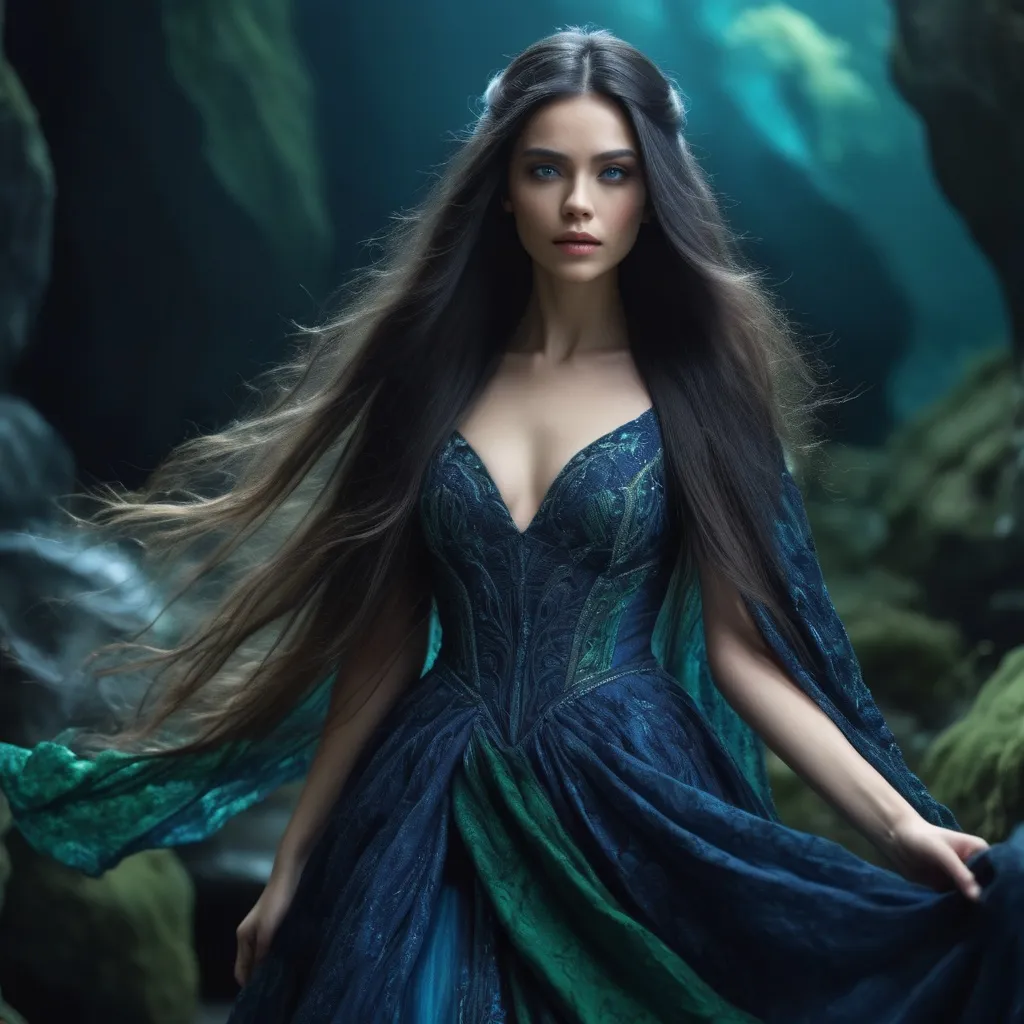 Prompt: Woman, dark makeup, fantasy, long fluffy intricate dark dress, very long hair, indigo blue, teal, green, black, white, random scenery on background, High quality, 8k, high detail, , Cinematic shot, photos taken by sony, incredibly detailed, sharpen, details, professional lighting, photography lighting, 100m