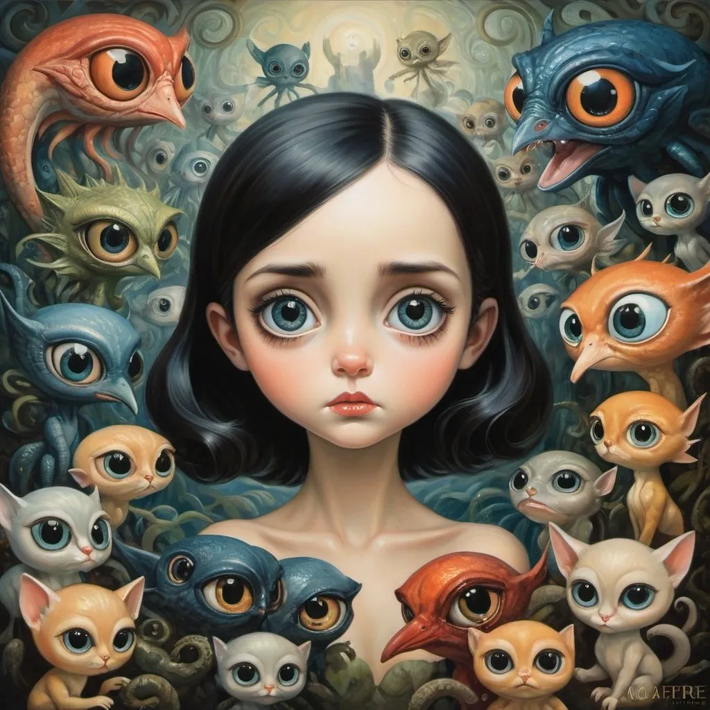 Prompt: Lovecraftian fairytale. This artistic composition amalgamates the distinctive styles of renowned painters Margaret Keane and Scott M Fischer. The resultant painting showcases a harmonious fusion of Keane's signature big-eyed figures and Fischer's dynamic and imaginative elements. This amalgamation of styles offers a unique visual experience, blending the emotive depth of Keane's work with Fischer's captivating and fantastical imagery.