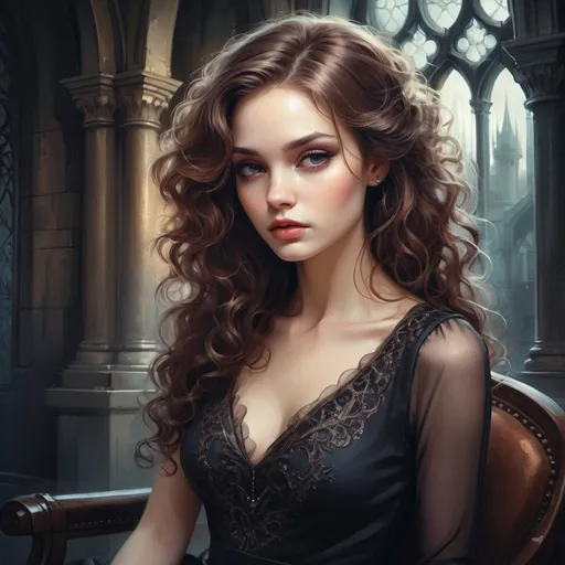 Prompt: Painting by Anna Dittmann, A beautiful modern business woman is sitting gracefully inside a dark gothic castle, long curly brown hair, wearing modern dress, perfect lovely face, intricate details, highly detailed environment, high contrast, UHD, 8k
