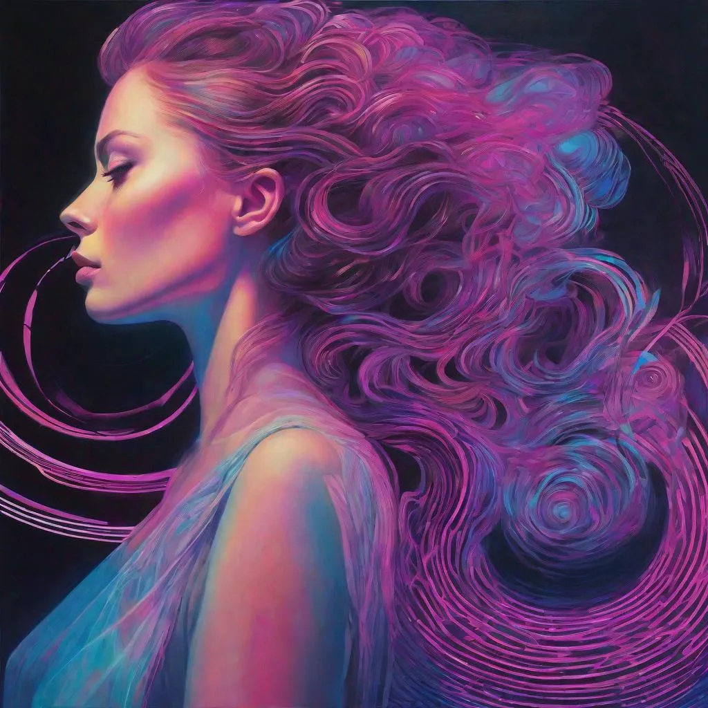 Prompt: In a wide format, depict a woman's face in profile, her hair styled into expansive spirals tinged with pink, blue, and violet. The backdrop is alive with glowing, concentric neon rings, giving the scene a dreamlike quality. The colors used are predominantly cool, evoking a sense of futuristic allure.