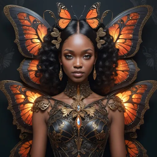 Prompt: A  butterfly beautiful  black queen. Beautiful face. Epic fire glowing dress, lots of layers, intricate brass details, ornate with intricate crystal iridaescent butterflies. delicate wings.  By Greg Rutkowski, carol bak, catrin welz-stein, artgerm, Anna dittmann. 