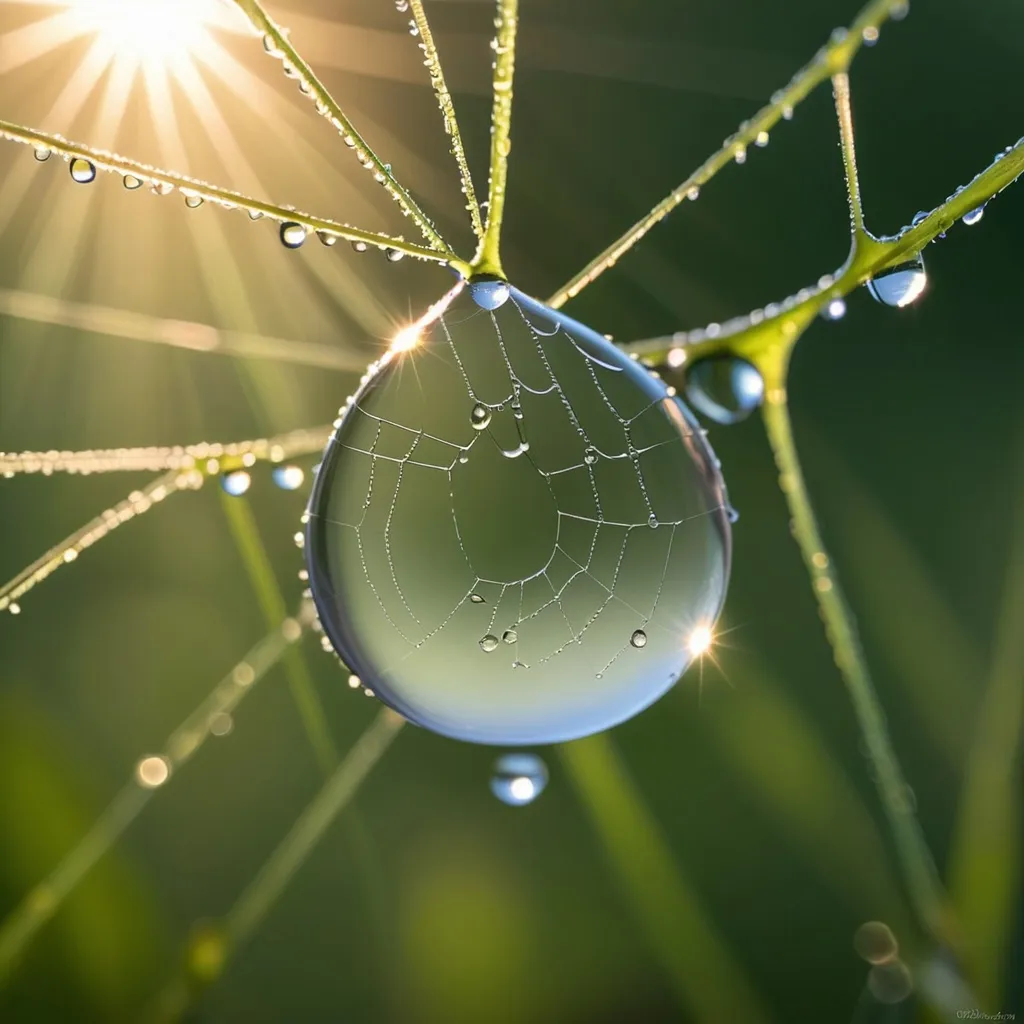 Prompt: A photorealistic macro image of a dewdrop on a spider's web, with the morning sun shining through.
