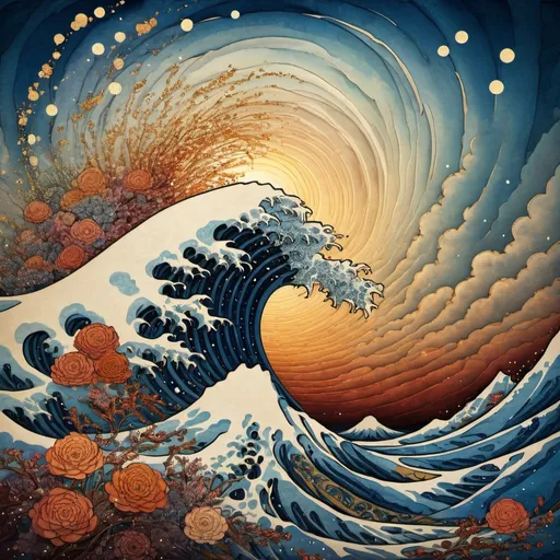 Prompt: Shining light and dazzling clouds of Ge Qi Hokusai,ultra highly detailed stained flowers, the sea by Andy Kehoe, Hokusai,  detailed sky, summer ,sea, swirling waves, colorful sunset, sunlight, sunbeams, swirling clouds, sparks, digital painting, highly detailed, filigree, intricate, intricate pose, clarity, high quality
