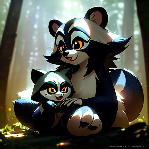 Prompt: Disney Pixar style cute raccoon and skunk, highly detailed, fluffy, intricate, big eyes, adorable, beautiful, soft dramatic lighting, light shafts, radiant, ultra high quality octane render, daytime forest background,bokeh, hypermaximalist