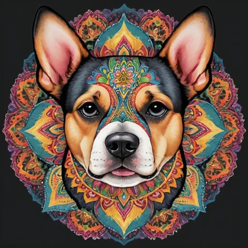 Prompt: dog, multicolored, mandala body, mandala face