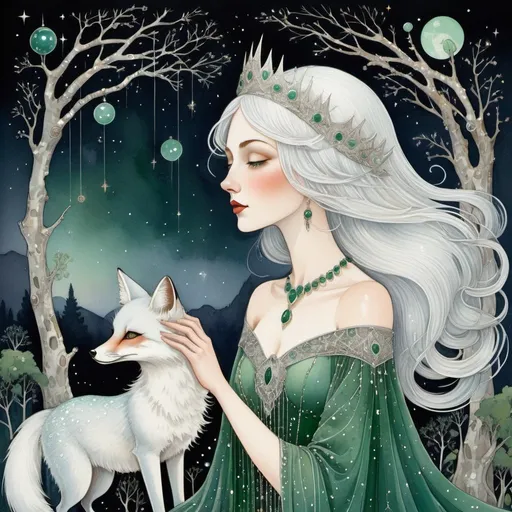 Prompt: 
Illustration style by Virginia Frances Sterrett.
Fairytale princess with sparkling white hair with a cute little fox, dripping birch sap, constellations in the emerald sky, silver thin threads, glitter mesh
art noir, 3d, intricate details, 600 dpi
magical, gentle face, watercolor, smooth lines.