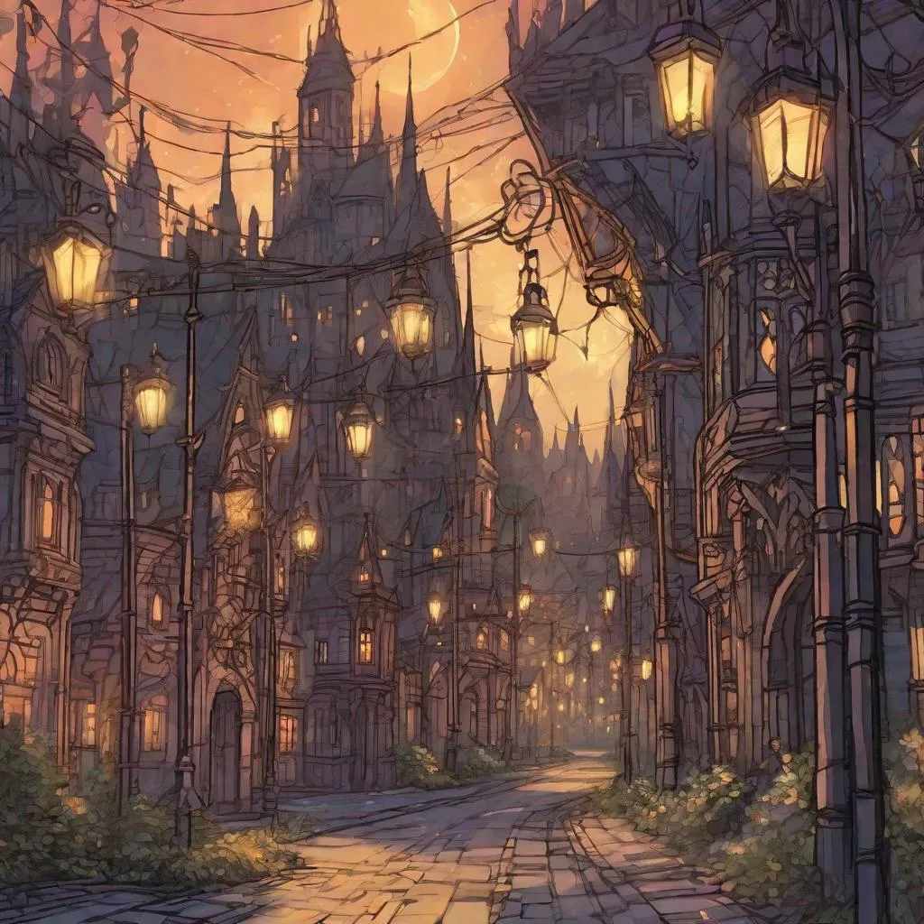 Prompt: Streetlights of iron and crystal in a summer elven city glowing brightly as shadows gather, in spectral art style 
