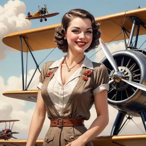 Prompt: A smiling pin up vintage 1920s female flier with a biplane in the background, trending on artstation, sharp focus, studio photo, intricate details, highly detailed, by greg rutkowski