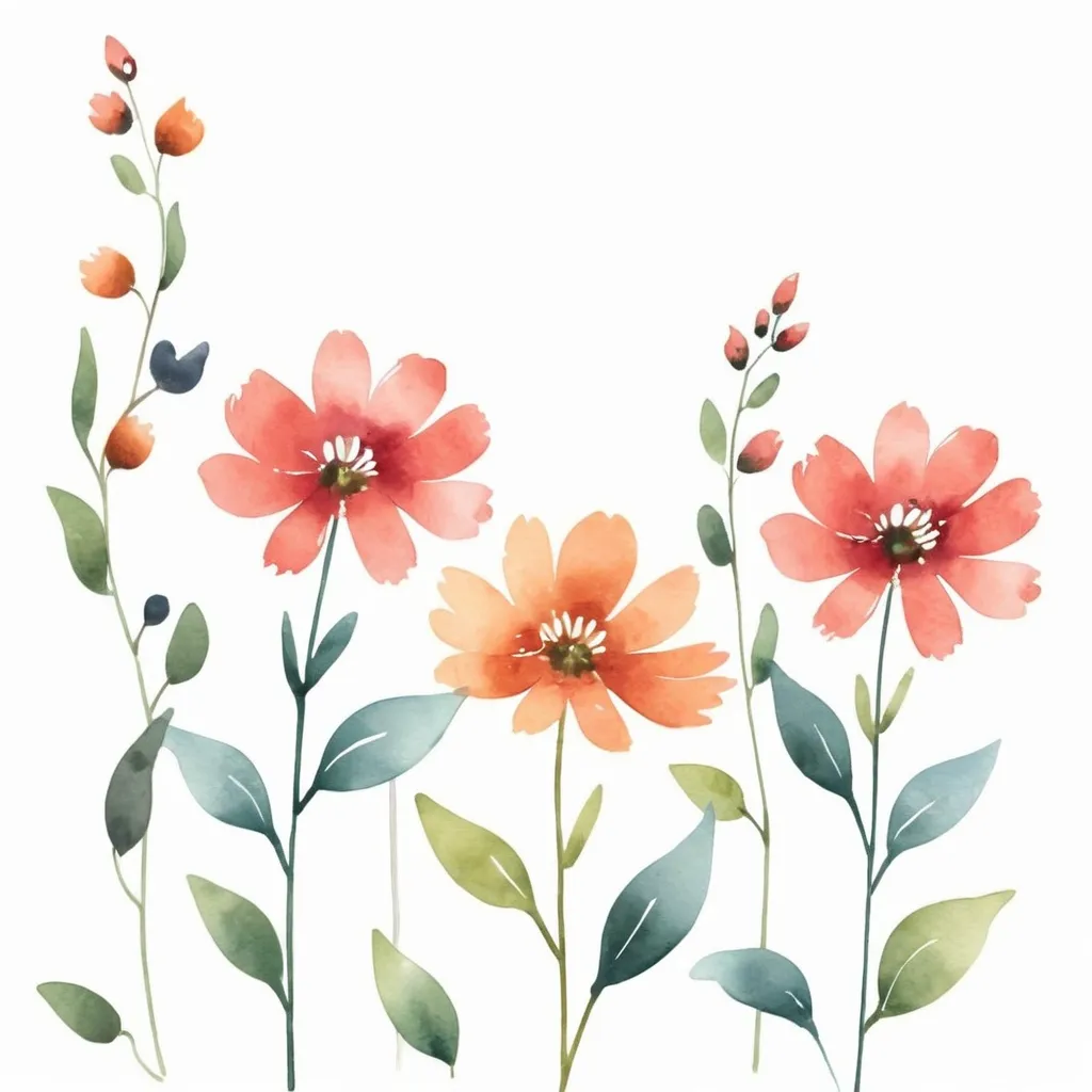 Prompt: watercolor flowers with stems and leaves