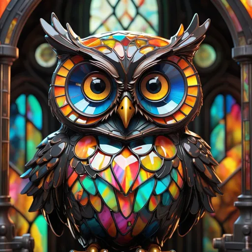 Prompt: Splash ink, stained glass, owl, hyper cute, big eyes, best quality, fragil, dynamic, transparency, vintage, vibrant colors, complex background, mysterious, highly detailed, 8k, neon ambiance, abstract black oil, gear mecha, detailed acrylic, grunge, intricate complexity, rendered in unreal engine, photorealistic