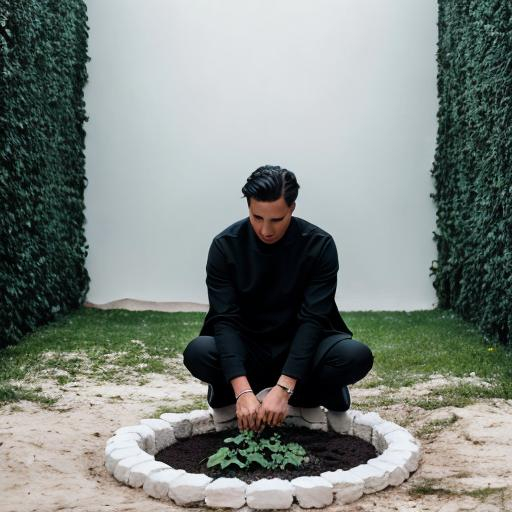 Prompt: a completely white and cold minimalist decor, a man dressed in black leans over a hole in the ground he holds in his hands, a green plant there is water all around him