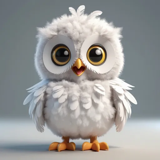 Prompt: Create a cute and fluffy Owl chick with cute eyes, and white feathers looking in front of the camera and smiling in 3D