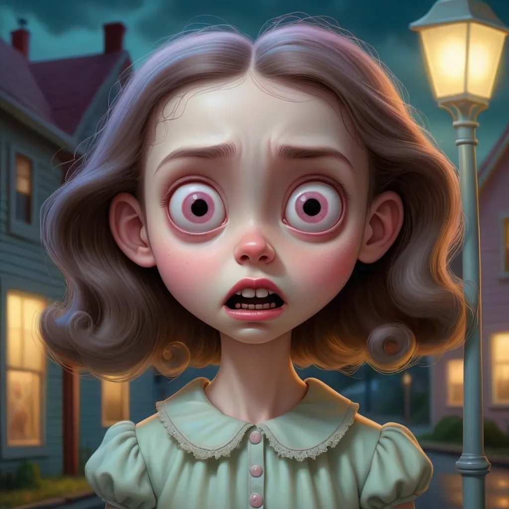 Prompt: uncanny valley unusually happy girl scary , solitary, illuminated by dim streetlight, pastel color tones, Highly detailed, somber atmosphere, Digital art, art by alex gross and mark ryden and tim burton, Sharp focus, trending on artstation hq.