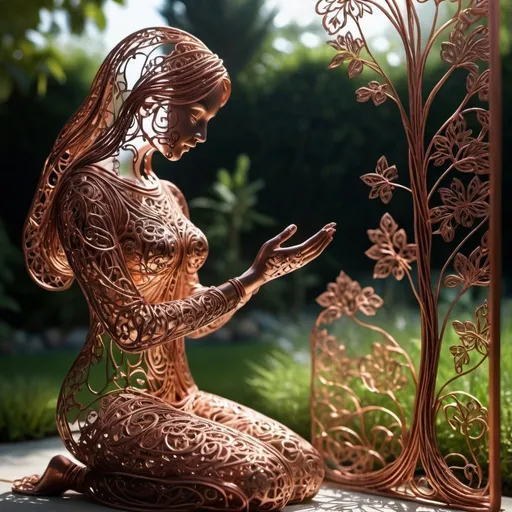 Prompt: Shaddy madness A line art copper bend and a woman praying  Wire  filigree dynamic transparent   figures placed  in garden , intricated, masterpiece, gracious  , shadow play, intricated lighting macro,  soft atmospheric lighting , masterpiece, beautiful, insanely detailed