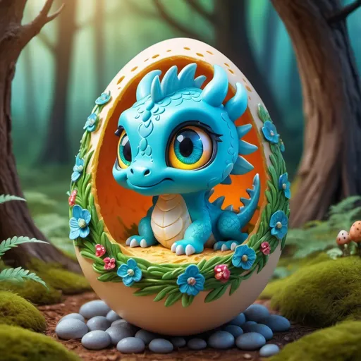 Prompt: A cold dough chibi dragon inside the egg, expressive and bright eyes, extremely cute, friendly, beautiful, vivid and bright colors, dreamlike, surrealism, background with fairytale forest landscape, intricate details, 3D rendering, octane.