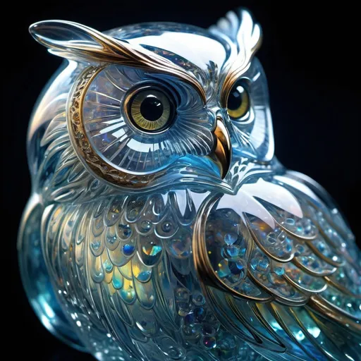 Prompt: dreamscape a fully transparent, Majestic glass owl, bioluminescent glow from within, god rays : award winning, concept design, polycarbonate, visible internals art by lisa frank and karol bak and Kirsty Mitchell . surreal, ethereal, dreamy, mysterious, fantasy, highly detailed, perfect composition, Miki Asai Macro photography, close-up, hyper detailed, trending on artstation, sharp focus, studio photo, intricate details, highly detailed, by greg rutkowski