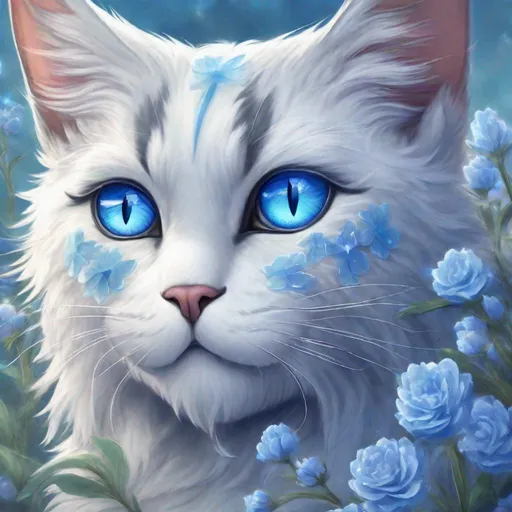Prompt: warrior cat with {silver-blue fur} and {crystal blue eyes}, senior she-cat, Erin Hunter, gorgeous anime portrait, beautiful cartoon, 2d cartoon, beautiful 8k eyes, elegant {blue fur}, pronounced scar on chest, fine oil painting, modest, gazing at viewer, beaming blue eyes, worm's eye view, frosted flowers, zoomed out view of character, wears a bracelet, 64k, hyper detailed, expressive, timid, graceful, beautiful, expansive silky mane, golden ratio, precise, perfect proportions, vibrant, tanning by a sun-bathed river, hyper detailed, complementary colors, UHD, HDR, top quality artwork, beautiful detailed background, unreal 5, artstaion, deviantart, instagram, professional, masterpiece