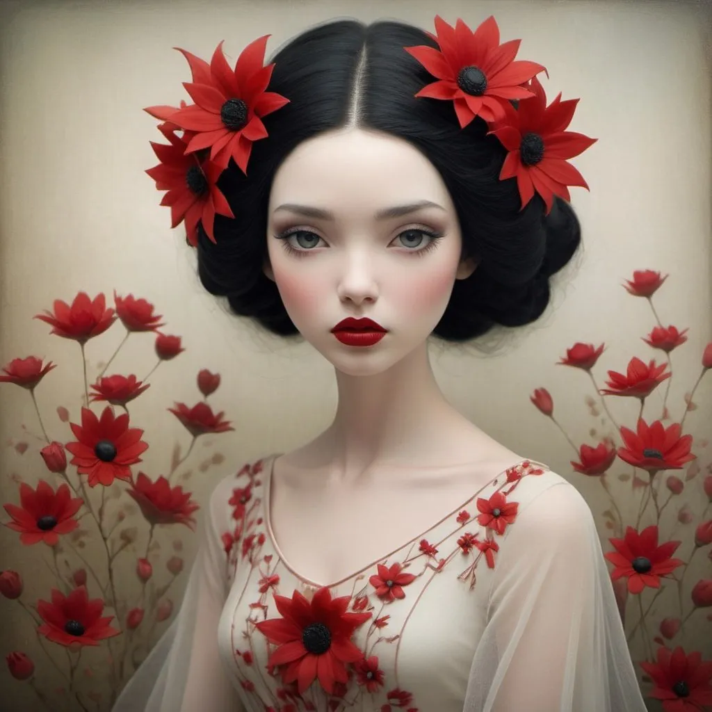 Prompt: Porcelain woman sporting black hair adorned with red flowers, red lipstick enhancing her lips, and eyes framed by long, luminous lashes, garbed in a voile dress with impeccably designed floral motifs, set against a minimalist, ethereal backdrop that exudes a dreamlike quality, surreal elements interwoven with the finesse of Nicoletta Ceccoli's artistry, transformed into a 3D rendering with octane rendering techniques, crafted as a high-caliber masterpiece, ex